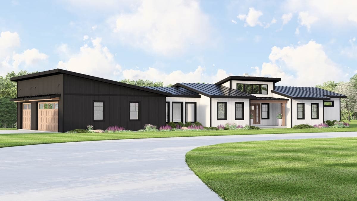Modern house plan exterior with attached three-car garage, intersecting rooflines, white vertical siding, and black metal roof.