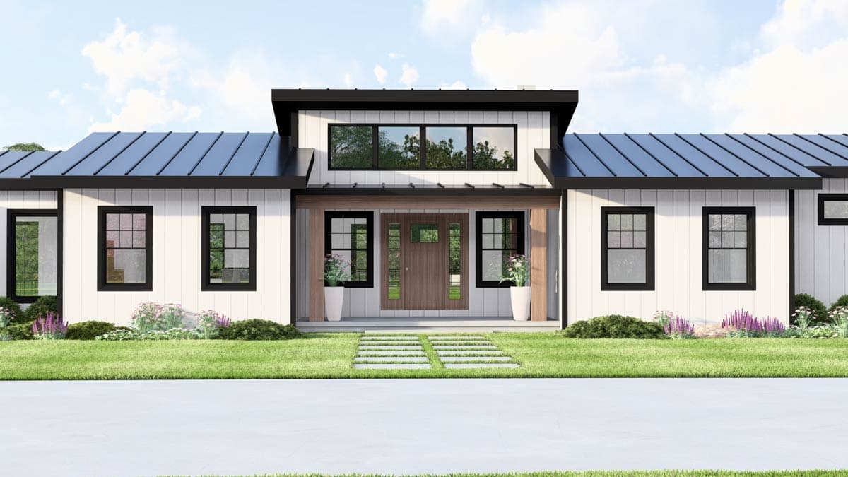Modern farmhouse house plan exterior with a low-pitch metal roof, white vertical siding, and a central wood door with sidelites.