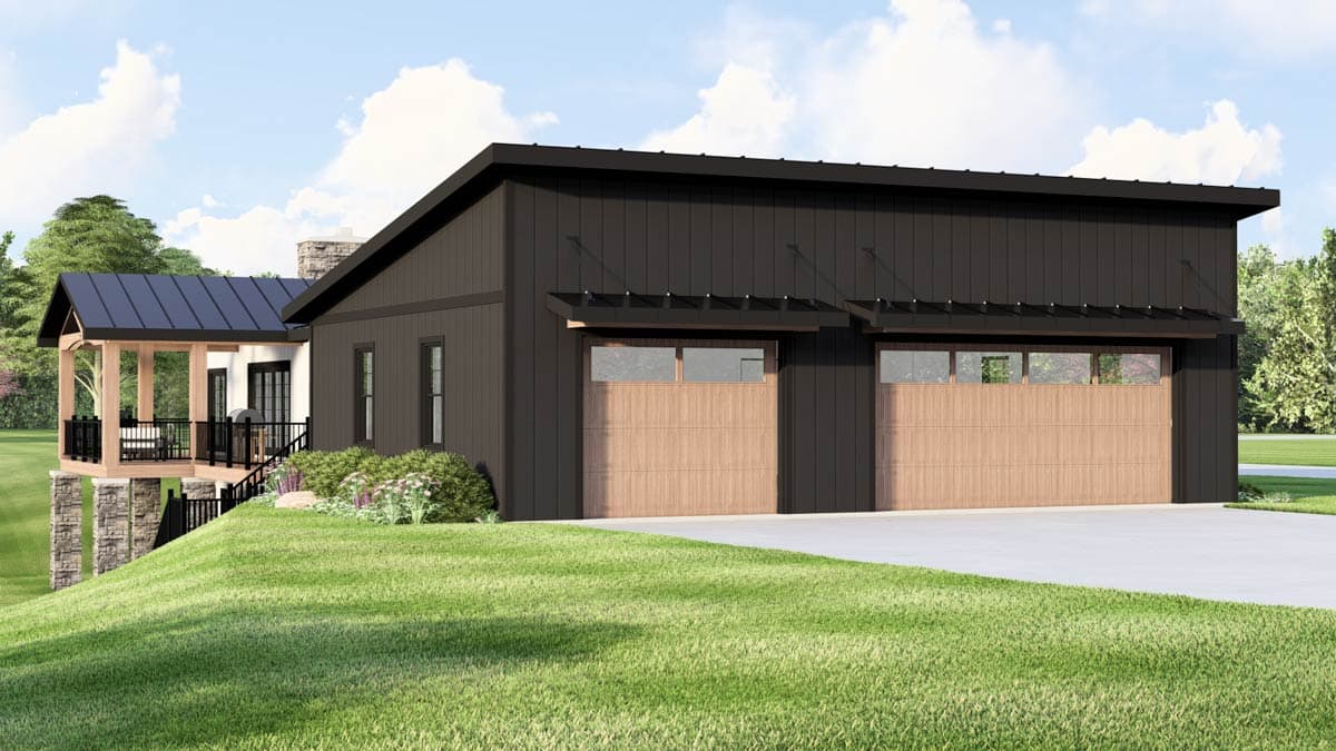 Modern house plan exterior with dark vertical siding, two wood garage doors, and a covered porch on stone pillars.