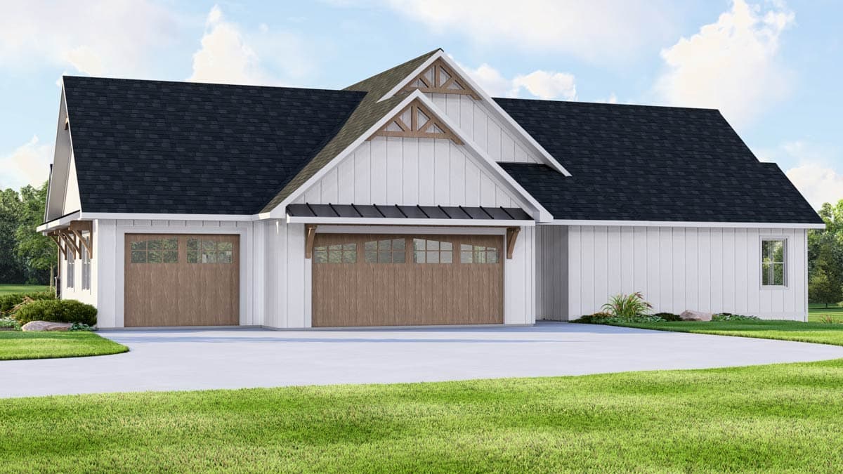 Modern Farmhouse house plan exterior with two garage doors, gables, and exposed wood beams.