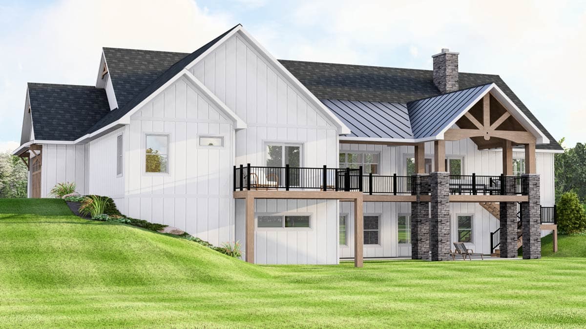House plan exterior, Modern Farmhouse style, two stories, white board and batten siding, gables, deck, and stone chimney.