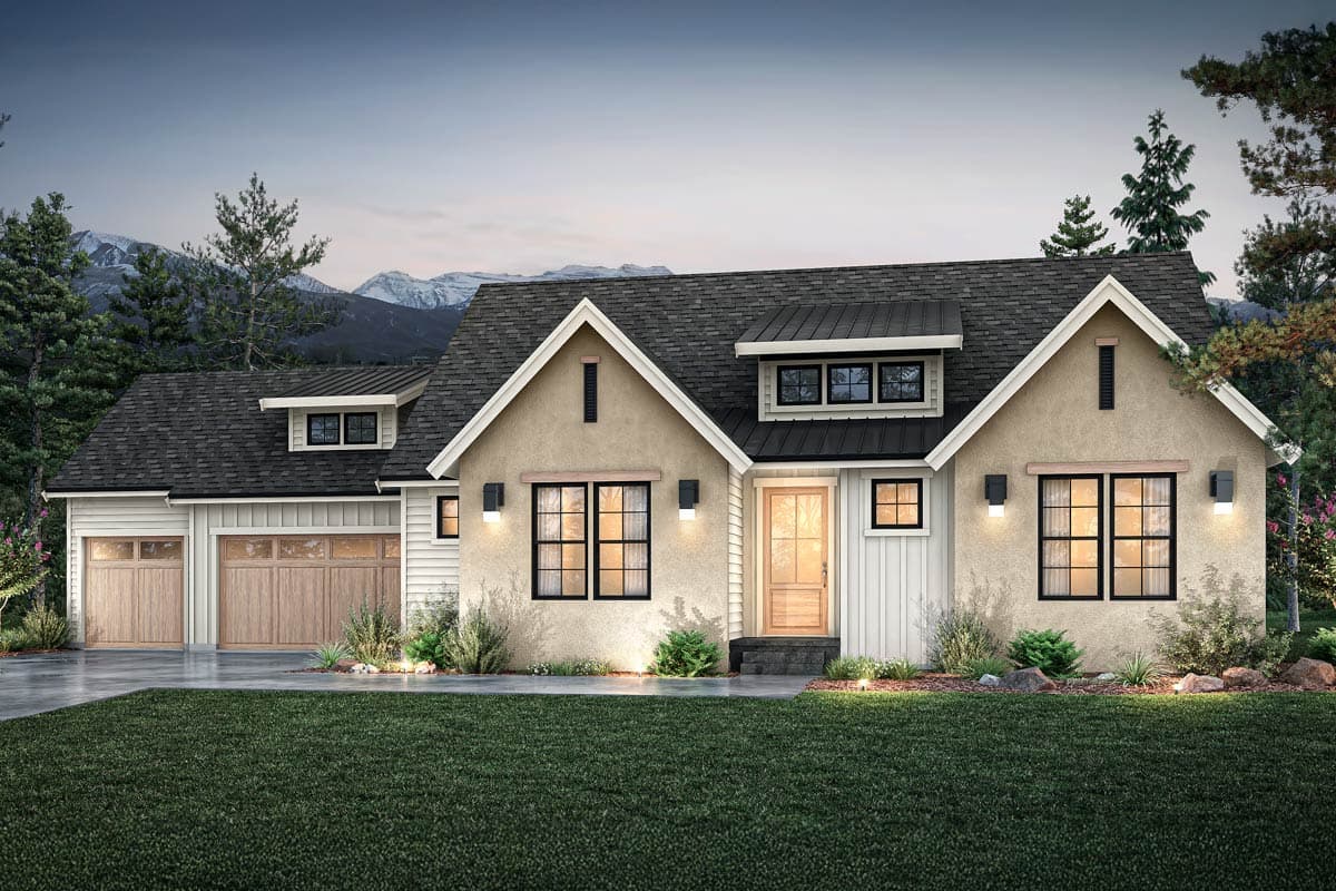 House plan exterior. One-story Modern Farmhouse with gables, dormers, and attached garage. Features include a front porch and a dark roofline.