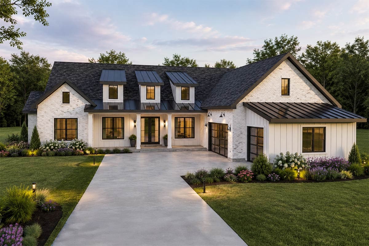 House plan exterior with board and batten siding, multiple gables, and a mix of metal and shingle roofing.
