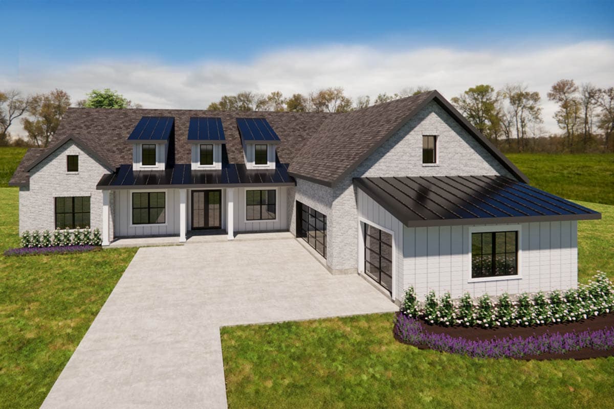 House plan exterior with board and batten siding, multiple gables, and a mix of metal and shingle roofing.