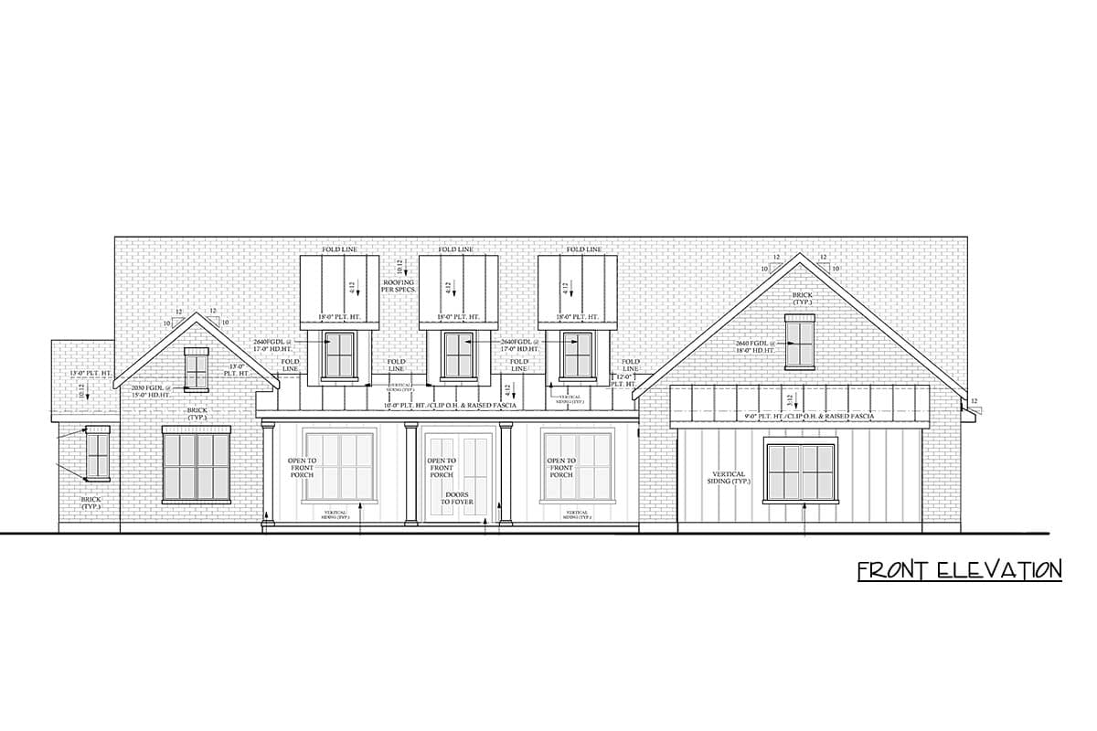 Front elevation house plan with gabled roof, brick and vertical siding, and covered front porch.