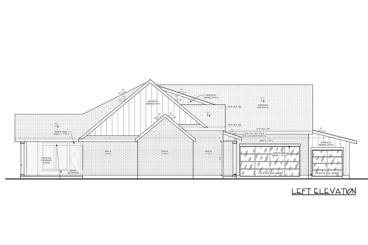 Left elevation of a house plan featuring brick and vertical siding, a covered patio, and two garage doors.