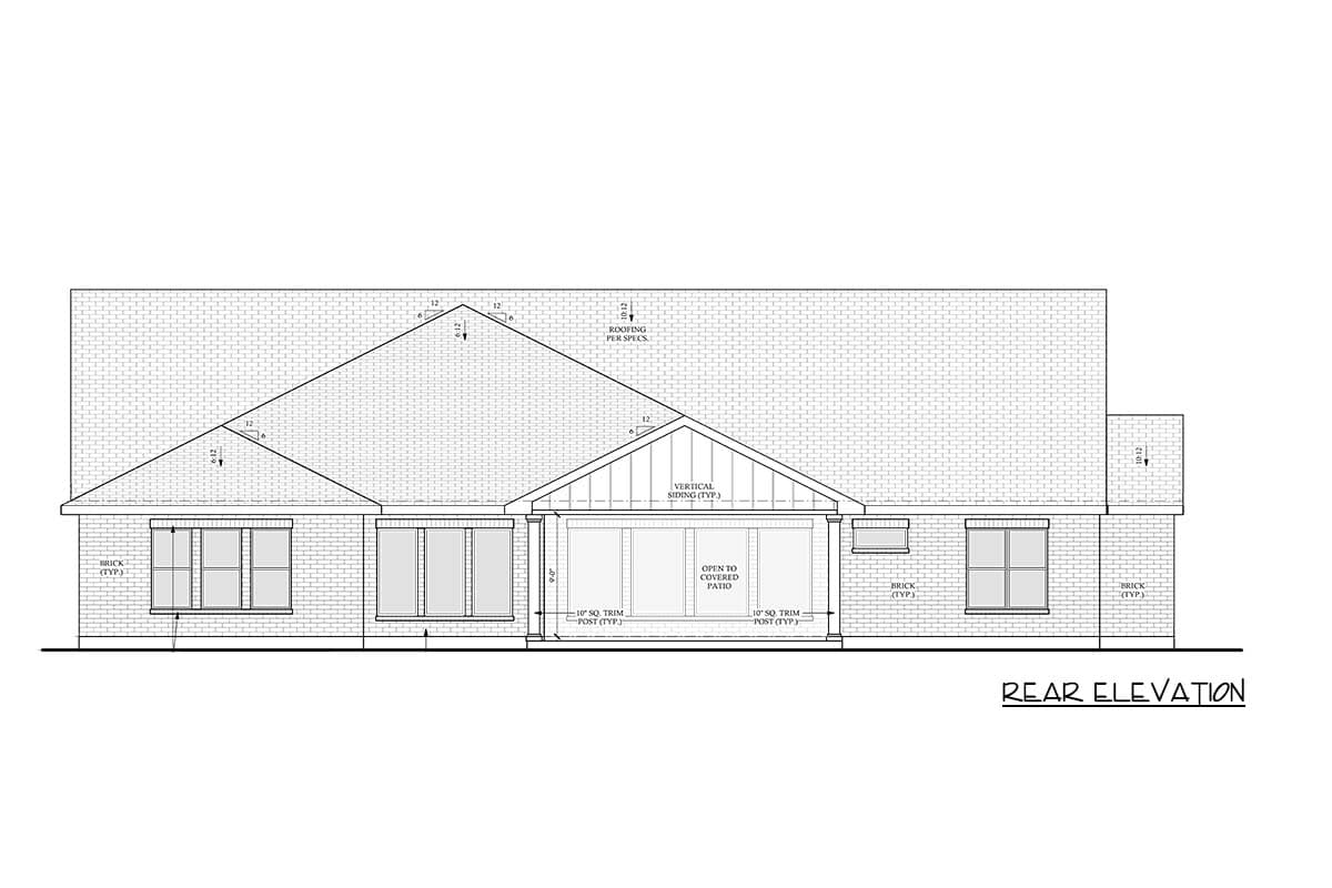 Rear elevation house plan drawing showing brick exterior, gabled roof, and open covered patio.