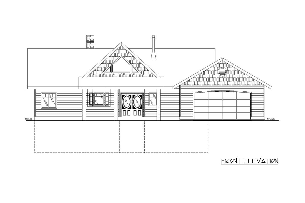 Front elevation drawing of a one-story house plan with a prominent gable, double entry doors, and an attached two-car garage.