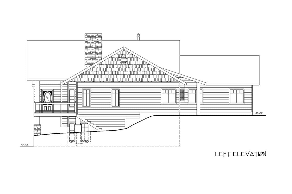 Left elevation house plan showing a multi-story home with a prominent stone chimney, gabled dormer, and covered porch.