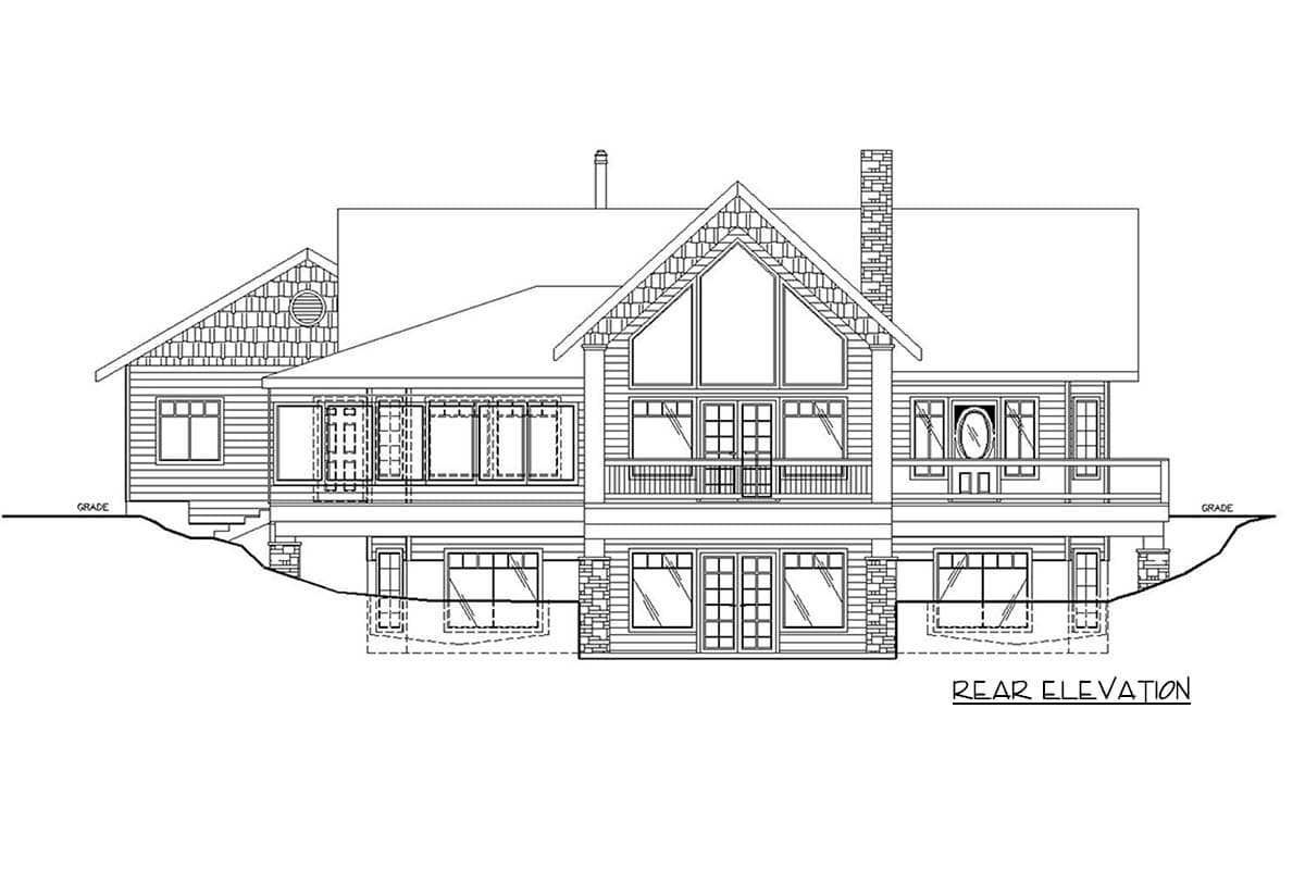 Rear elevation house plan featuring varied rooflines, gables, extensive windows, and a wrap-around deck.