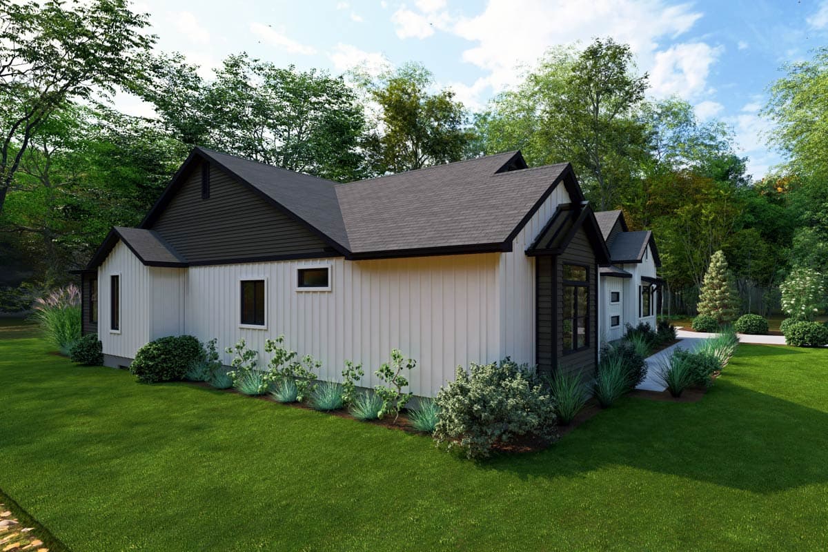 House plan exterior: one-story Modern Farmhouse with white board and batten siding, dark gables, and pitched rooflines.