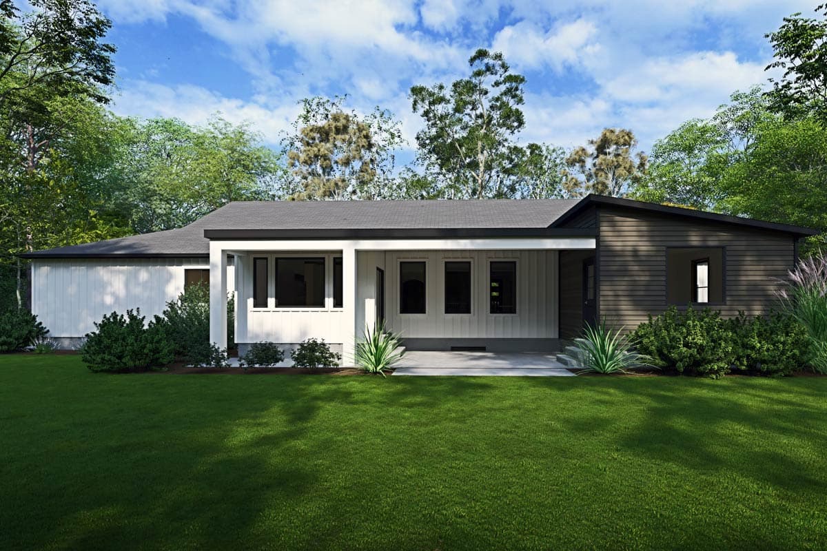 House plan exterior: Modern Ranch with a covered porch, three windows, and contrasting siding.
