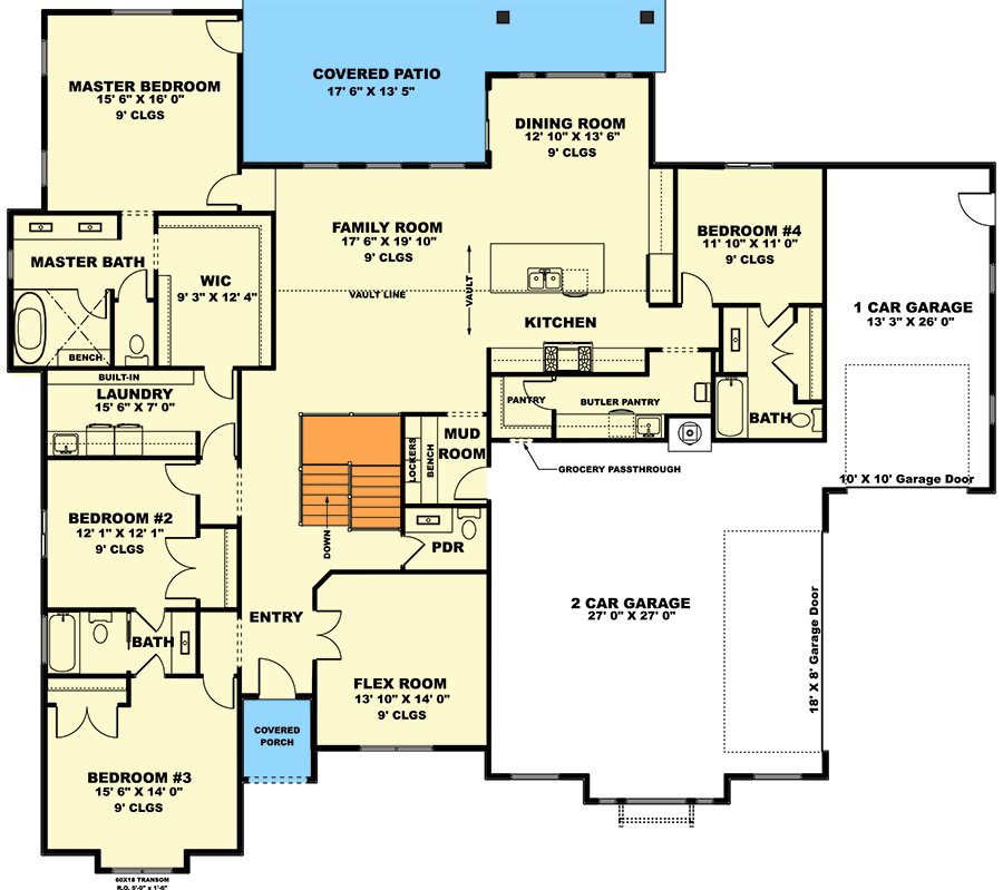 Plan 506055BRY: Contemporary Farmhouse House Plan with Split Bedrooms, Den and Covered Patio - Floor Plan - Main Level - Contemporary, New American, Transitional