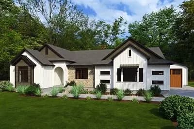 Contemporary Farmhouse House Plan with Split Bedrooms, Den and Covered Patio