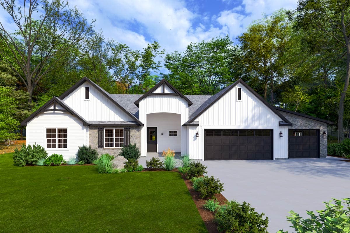 Modern farmhouse house plan exterior. Features include gabled roof, vertical siding, stone accents, and a two-car garage. Porch with arched entry.