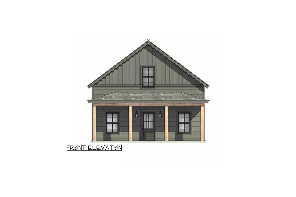 Front elevation of a two-story house plan with a gable roof, covered front porch with wood columns, and a dormer.