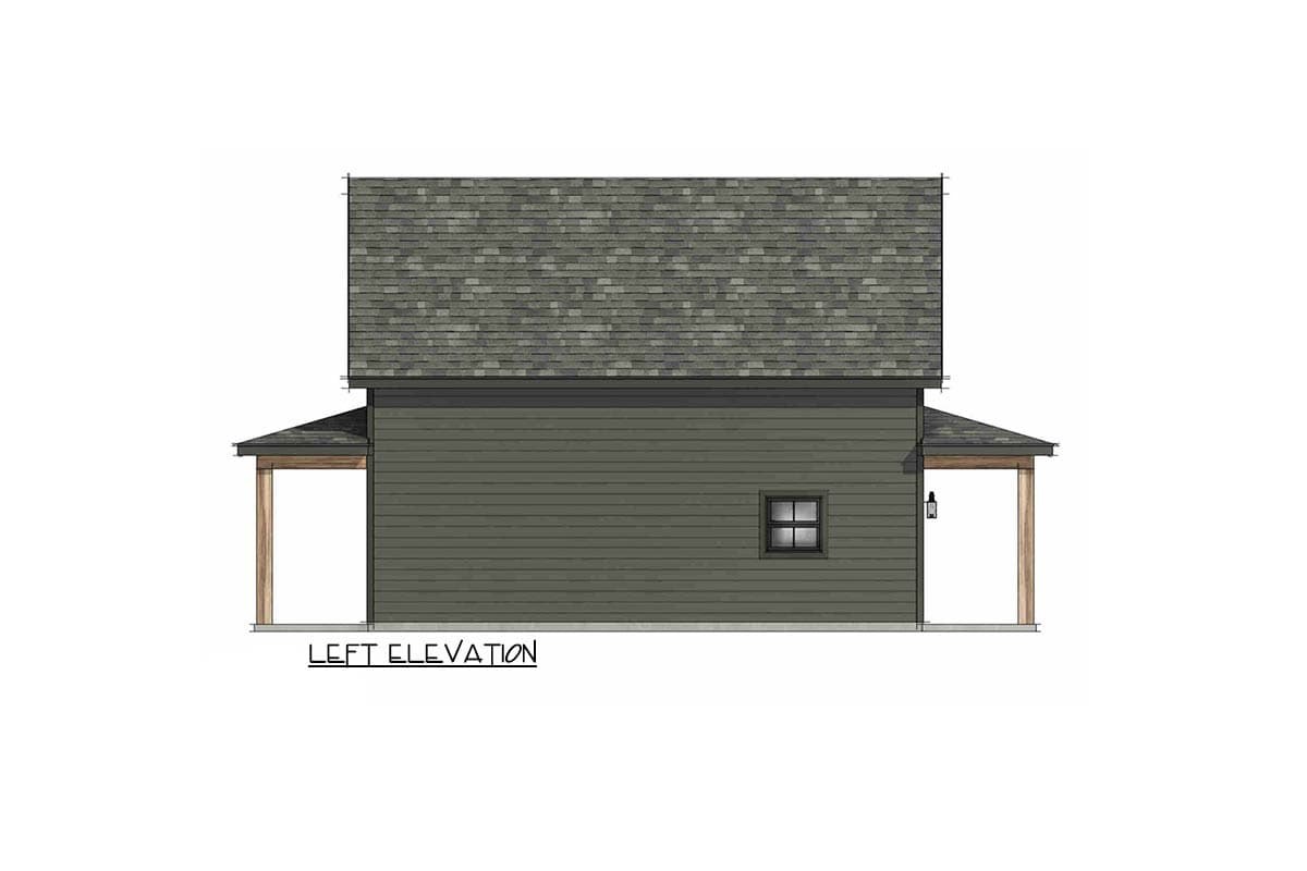Left elevation drawing of a two-story house plan with siding, a gable roof, and covered porches.