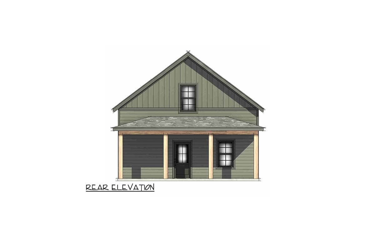 Rear elevation drawing of a two-story house with a covered porch, gabled dormer, and double-hung windows.