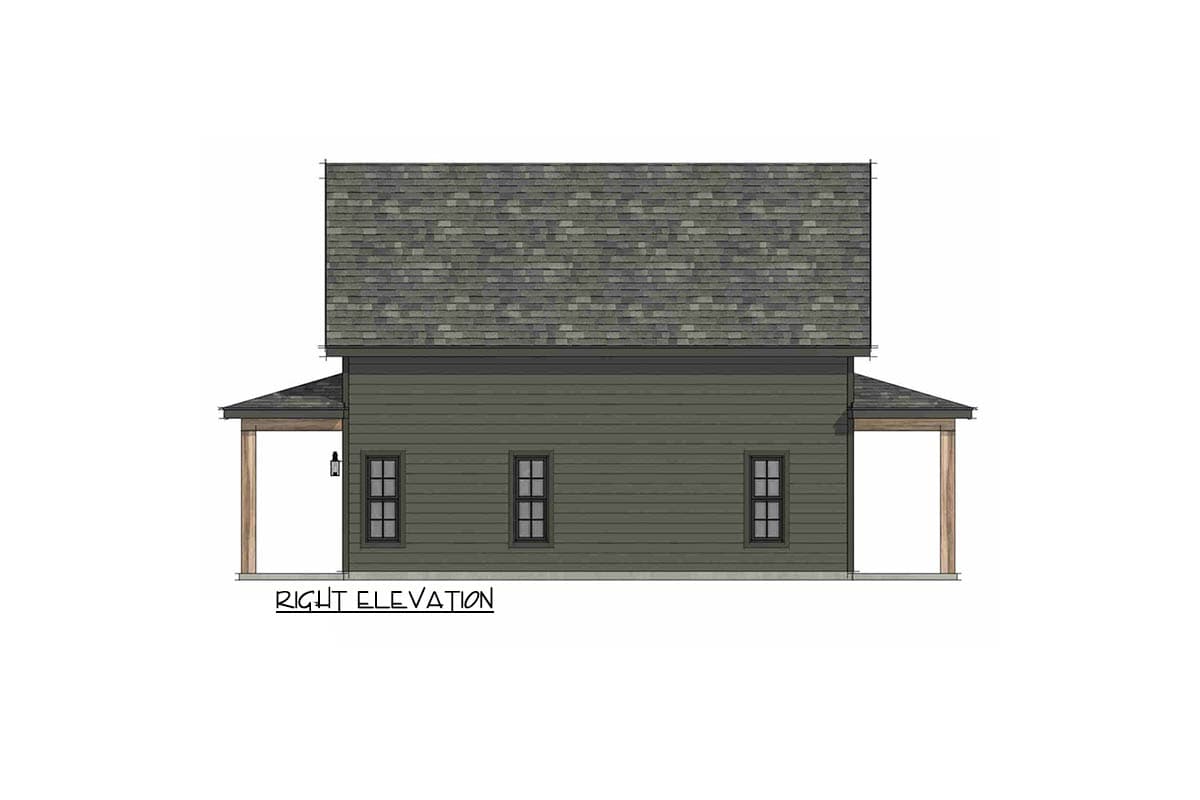Right elevation drawing of a house plan featuring a gabled roof, horizontal siding, and covered porch with columns.