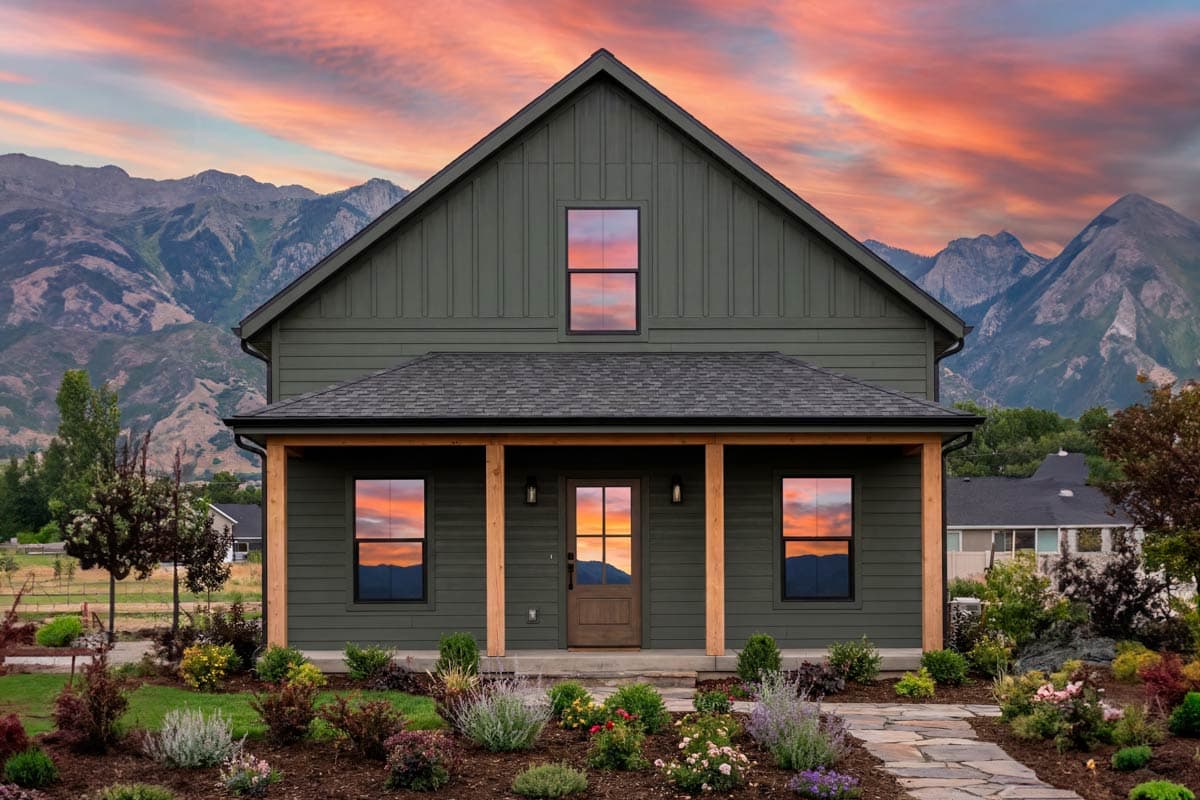Modern Farmhouse house plan exterior with a covered front porch, gabled roof, and vertical siding.