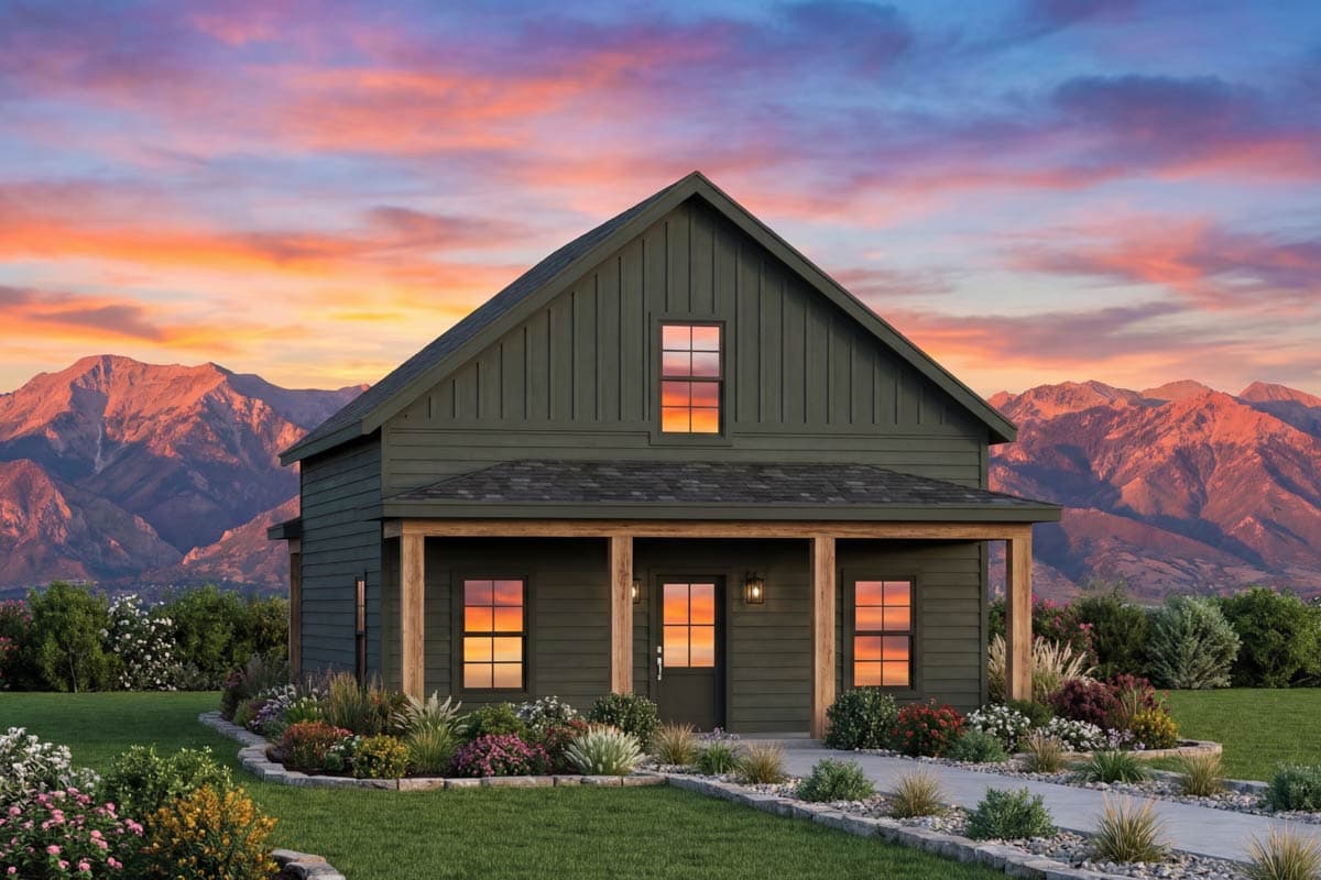 House plan exterior with Craftsman style. Features a front porch with exposed posts, gabled roof, and a single dormer window.