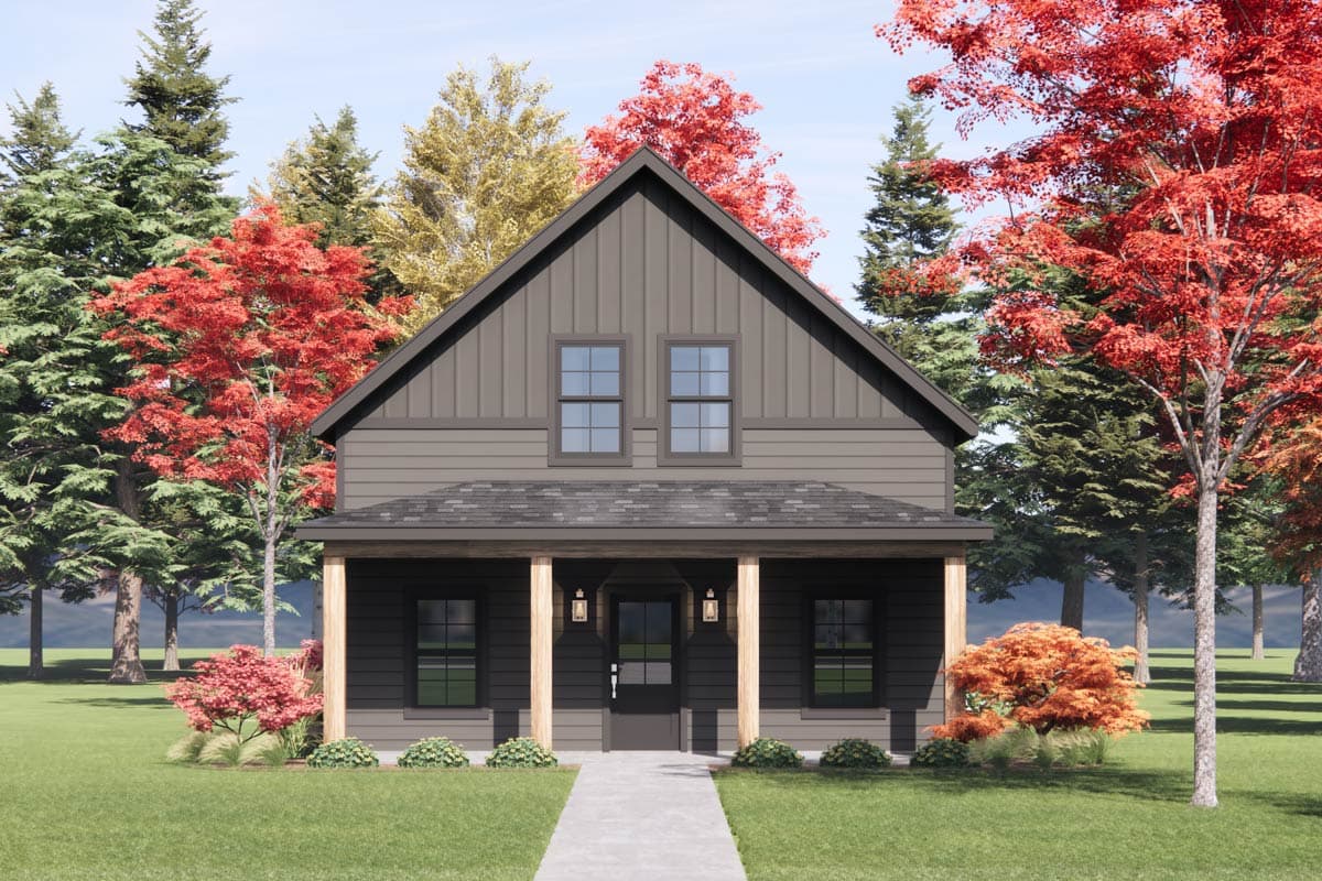 House plan exterior. Two-story Modern Farmhouse style with a front porch, gabled roof, and two dormers.