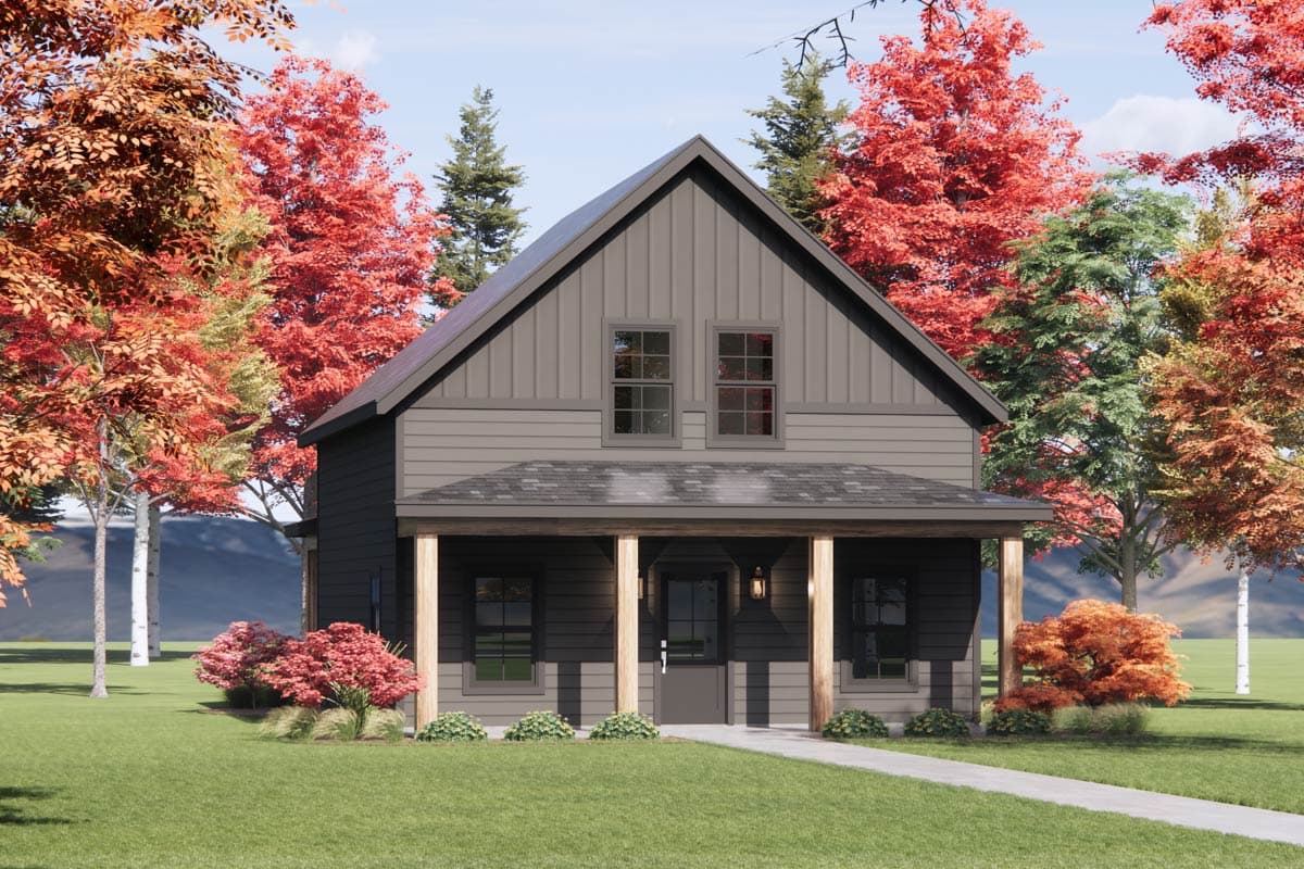House plan exterior, two-story modern home with covered front porch, gabled roof, and board-and-batten siding.