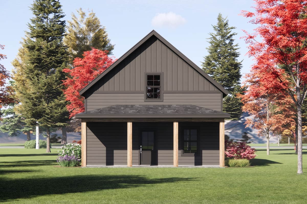 House plan exterior: two-story modern home with a prominent gable, wide front porch supported by wooden columns, and a central dormer window.