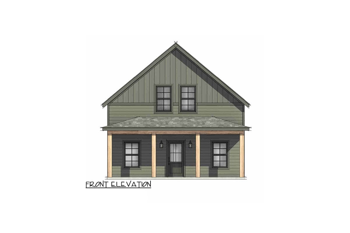 Front elevation of a two-story house plan featuring a gabled roof, covered porch with wood columns, and double windows.