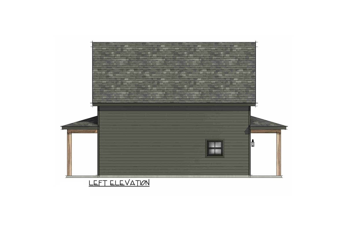 Left elevation house plan with a two-story structure, hip roof, horizontal siding, and two covered porches with wood columns.