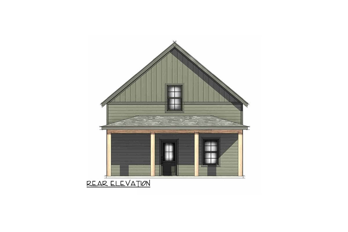 Rear elevation drawing of a two-story house with a gabled roof, covered porch with wood posts, and board and batten siding.