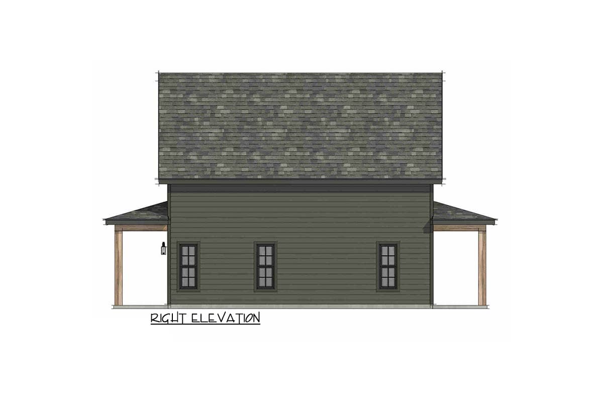 House plan right elevation shows a single-story structure with a gabled roof, three windows, and a covered porch supported by wood columns.