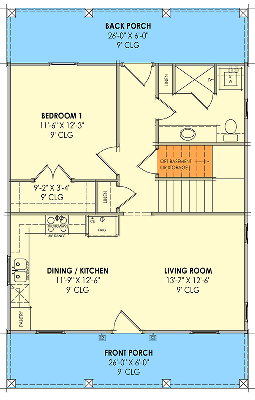 Plan 818180JSS: Cozy 3-Bed Country Cabin House Plan with Covered Porches - Floor Plan - Main Level - Cabin, Cottage, Country, Farmhouse, Modern Farmhouse, Traditional