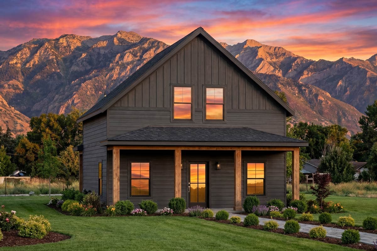 Modern farmhouse house plan exterior with a covered front porch, board and batten siding, and gabled rooflines.