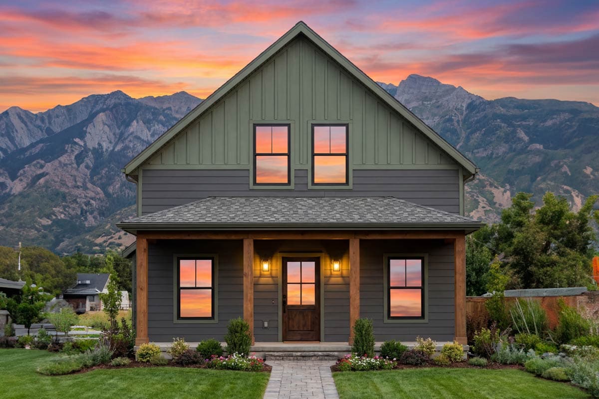 House plan exterior: Two-story Modern Farmhouse with covered porch, gables, and double-hung windows.