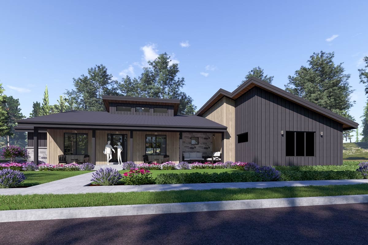 House plan exterior with modern style, one story, a covered porch, mixed material siding, and a gabled roofline.