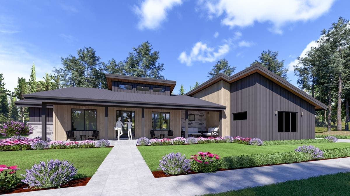 Modern house plan exterior with a covered porch, varied rooflines, wood and metal siding, and clerestory windows.
