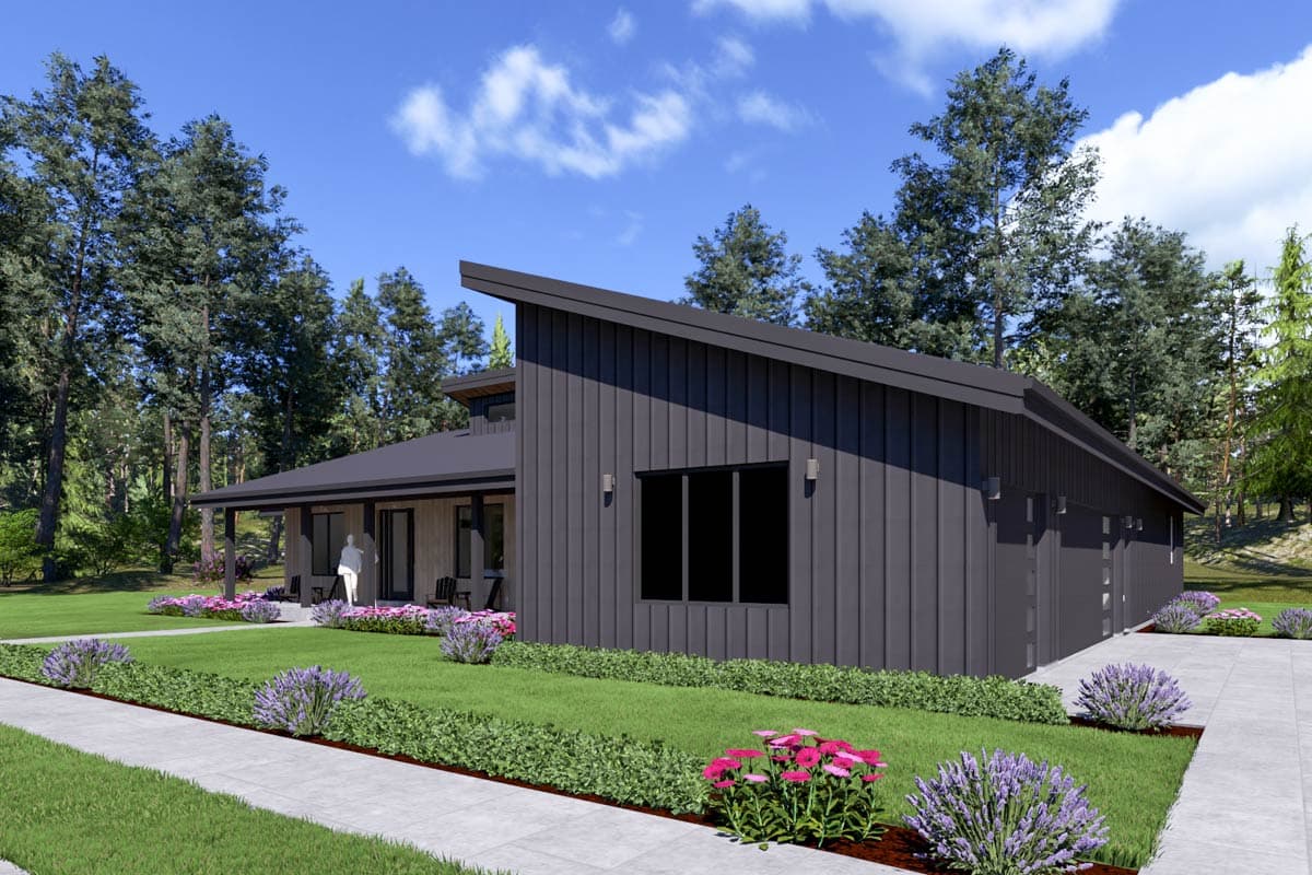 Modern house plan exterior featuring a prominent shed roof, covered porch, dark vertical siding, and a three-car garage.