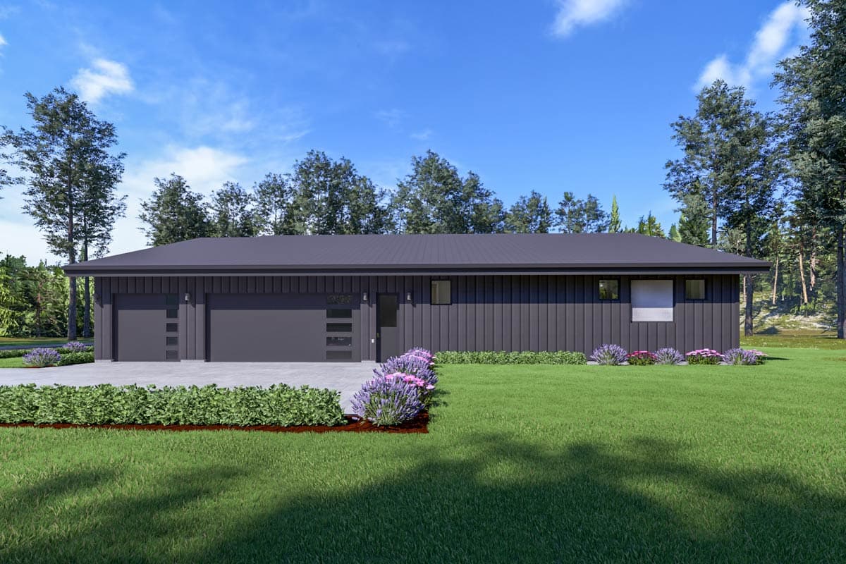 Modern Ranch house plan exterior with three-car garage, board-and-batten siding, and large rectangular windows.