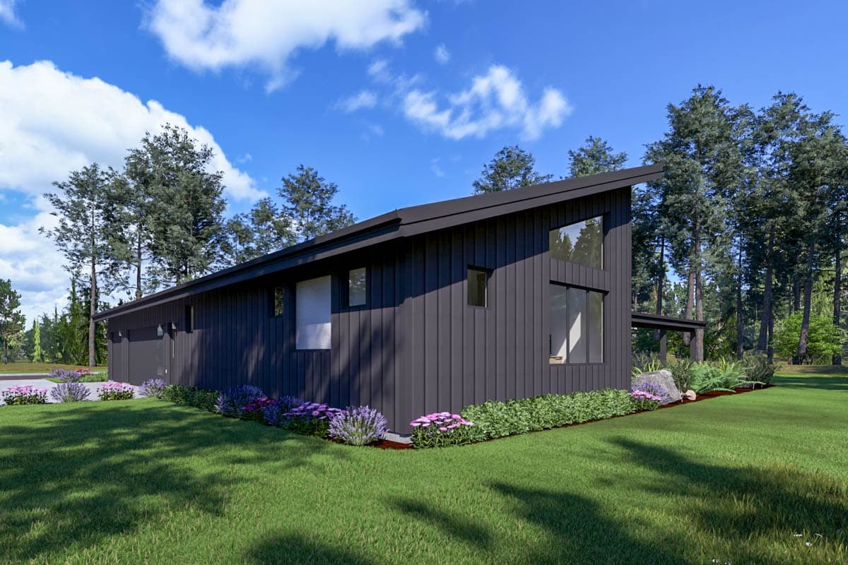 Modern house plan exterior with vertical siding, a low-pitch roof, and large geometric windows.