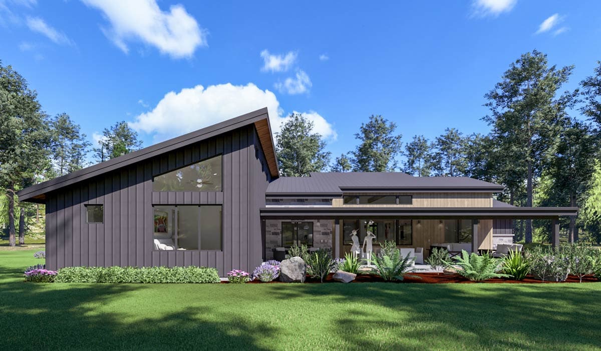 Modern house plan exterior with a steeply pitched roof, vertical siding, large windows, and a covered patio area.