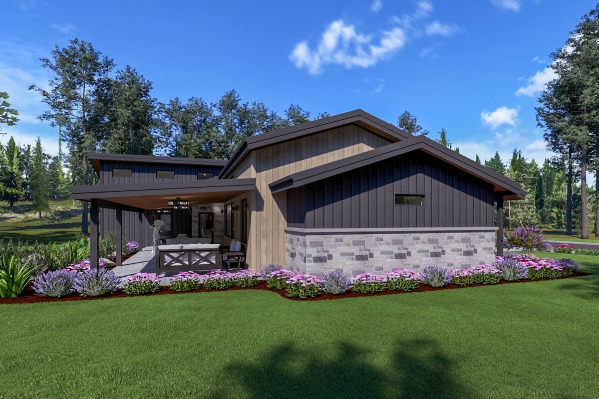 Modern house plan exterior with stone base, dark siding, wood accents, and covered patio.