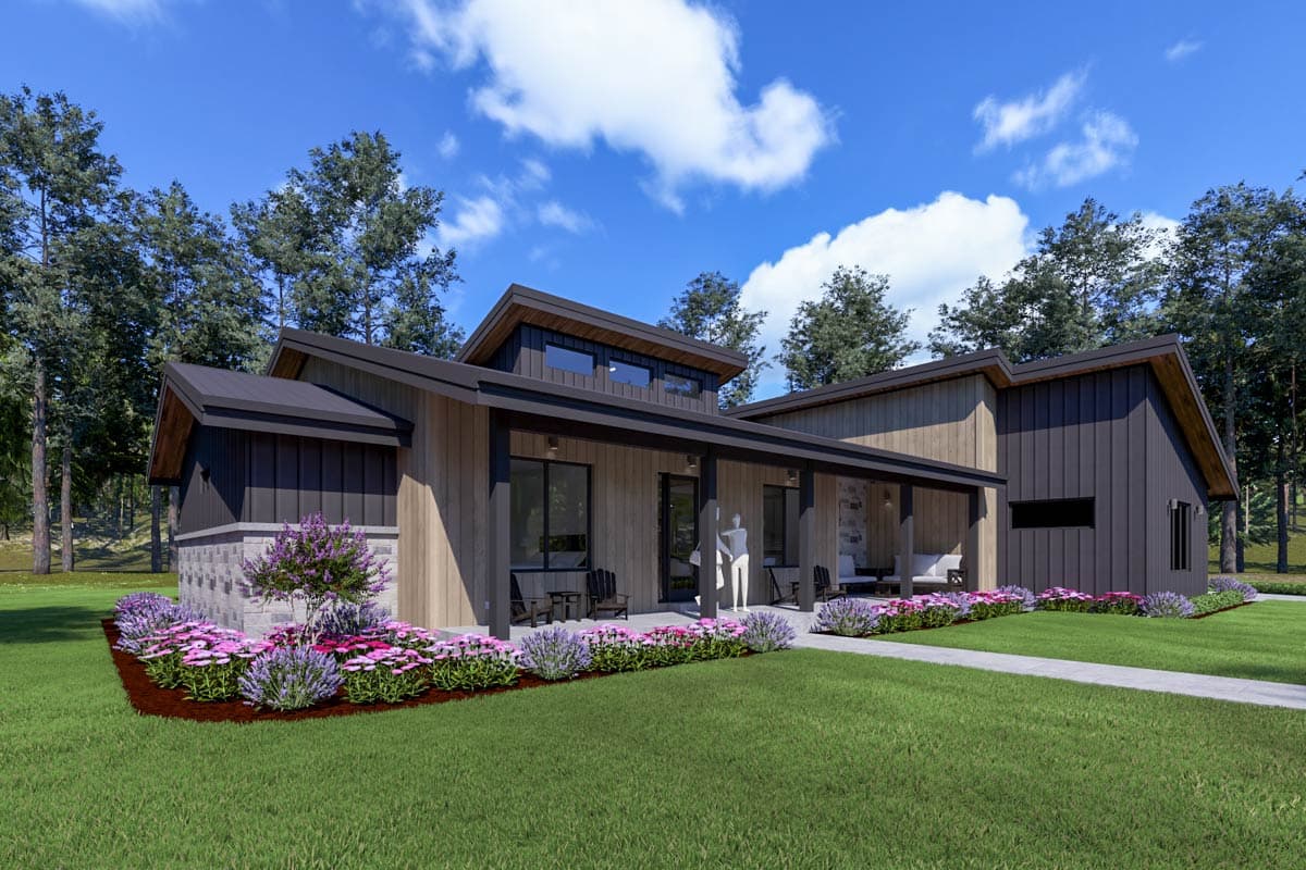 Modern house plan exterior with a low-pitched gable roof, deep overhang, stone accent, and covered porch.