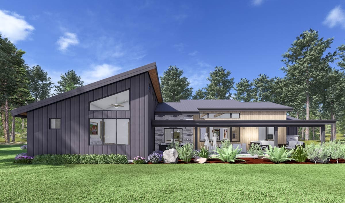 Modern house plan exterior with a prominent asymmetrical gable roof, large windows, a covered patio, and mixed material siding.