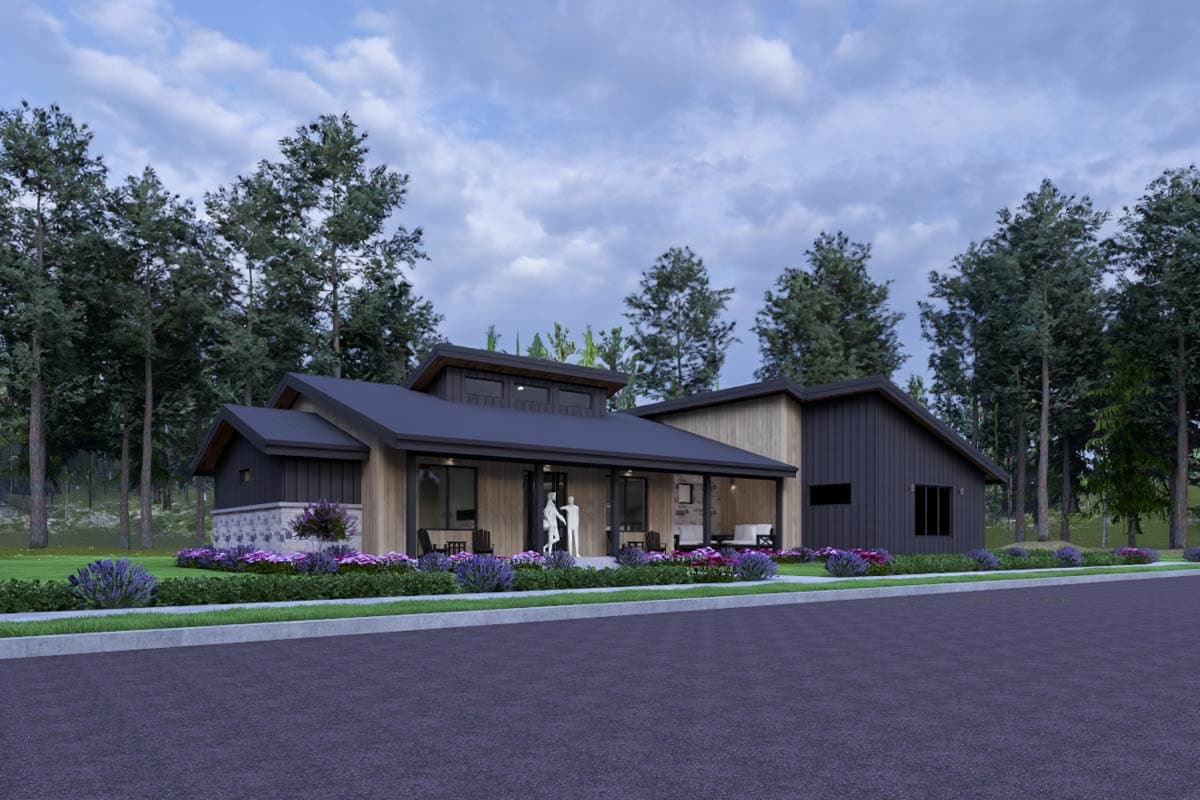 House plan exterior: Modern style, single-story, covered porch, asymmetrical rooflines, stone and wood siding.