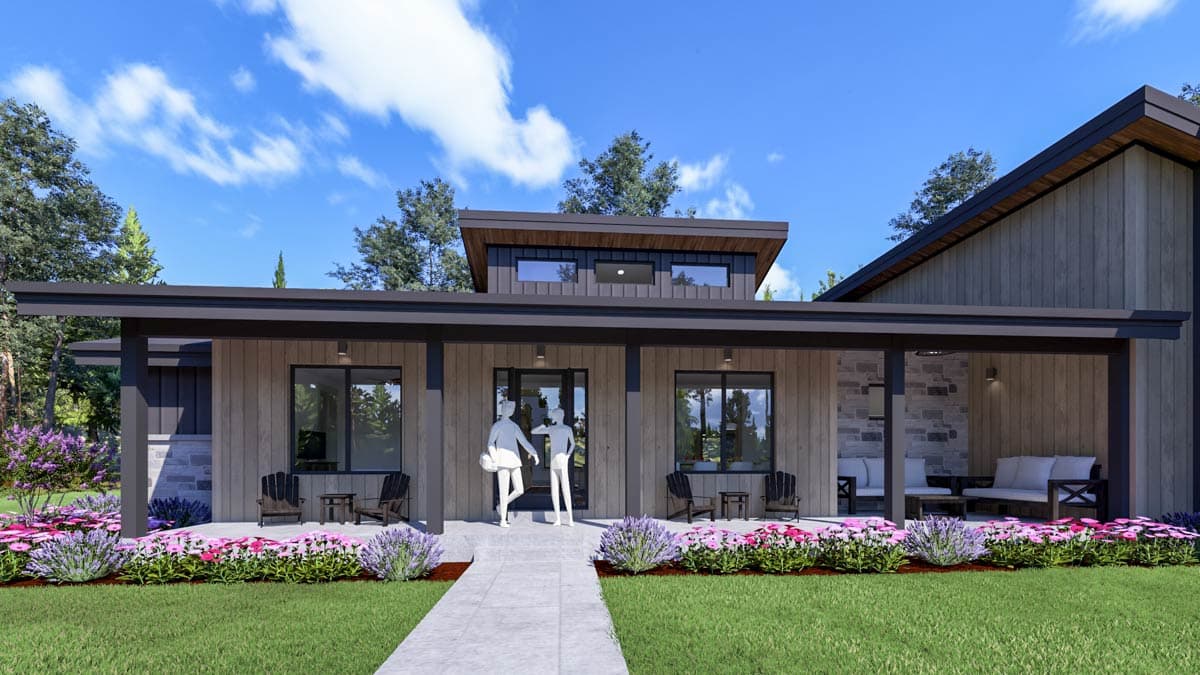 Modern house plan exterior with a single story, flat roof, covered porch, and wood and stone siding.