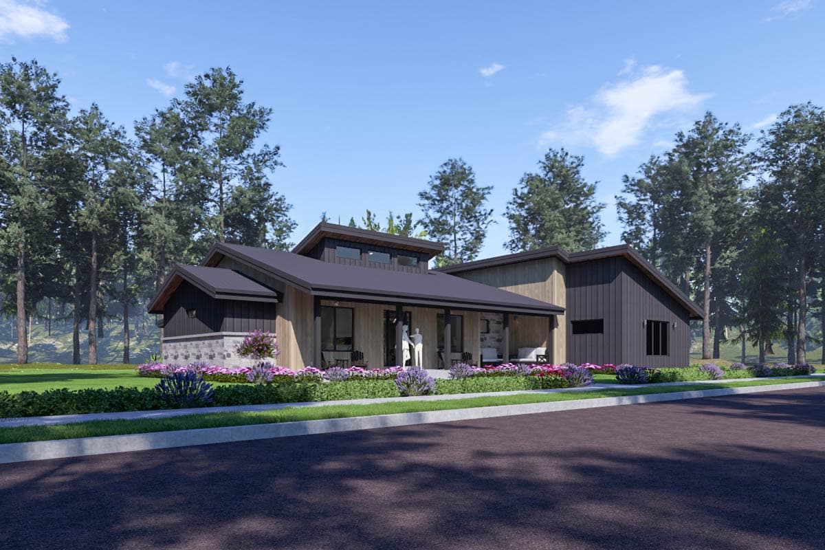 House plan exterior: Modern style, single-story home with a covered porch, stone and wood siding, and asymmetrical rooflines.