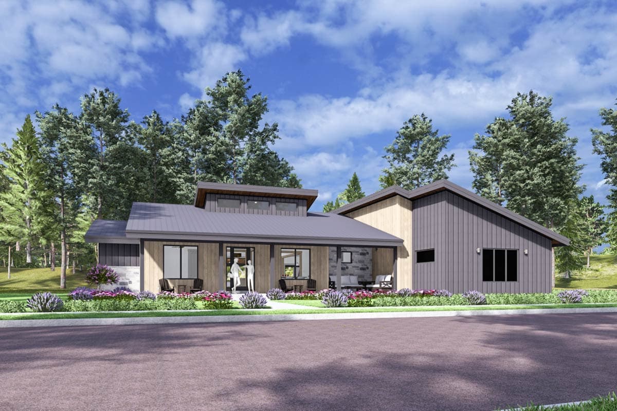 House plan exterior: modern style, one story, metal roof, covered entry, large windows, and dormer.