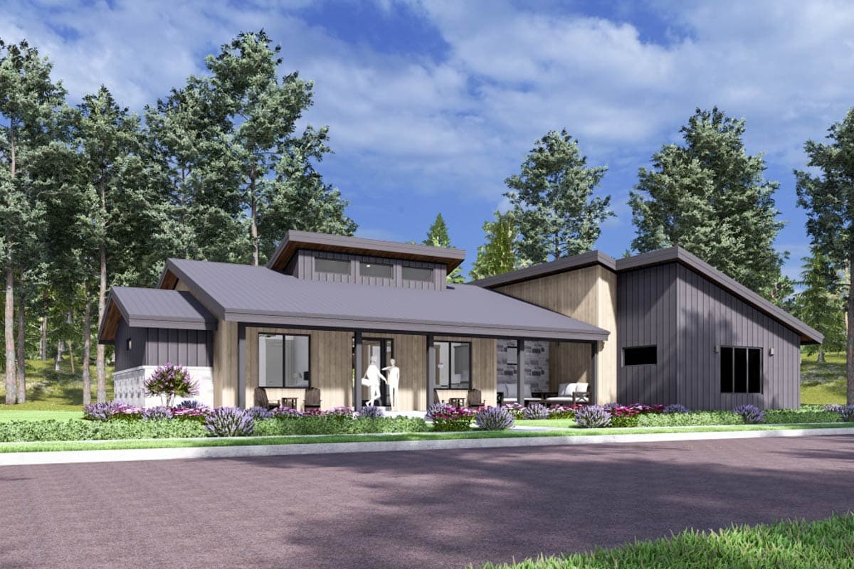 Modern house plan exterior with intersecting gable rooflines, wood siding, stone base, and covered entryway.