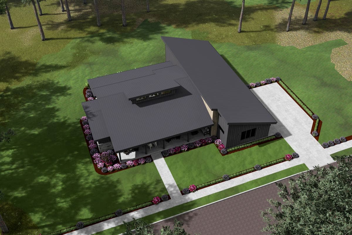 House plan exterior: Modern single-story home with intersecting rooflines, covered porch, and attached garage.